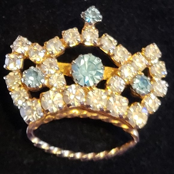 Jewelry - Vintage Rhinestone Crown Pin, Blue & Clear Rhinestones, Prong Set Brooch